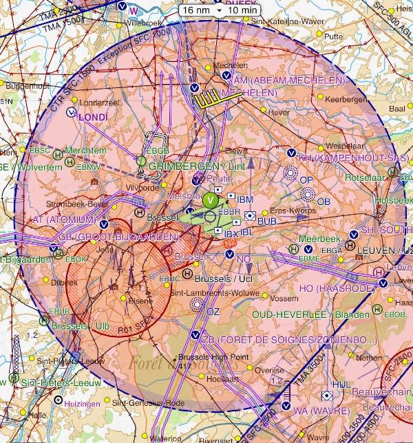 Carte aéronautique CTR de Bruxelles montrant les zones où les vols en montgolfière sont autorisés ou interdits dans la région de Bruxelles. Informations pour pilotes et amateurs de ballon, réglementation et sécurité aérienne.